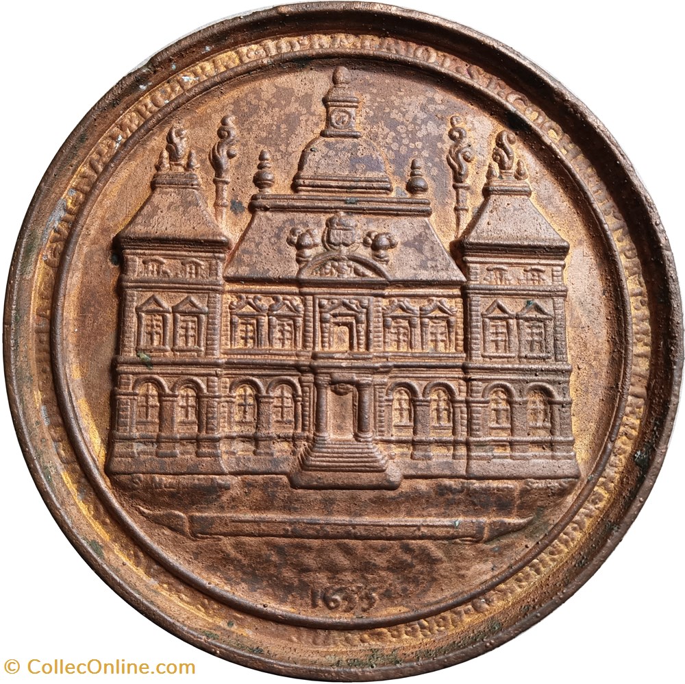 1655 (R) Médaille de l'hotel de Ville de Lyon par Hendricy, moule de coulée en cuivre medailles france 1655 r medaille de hotel de ville de lyon par hendricy moule de coulee en cuivre