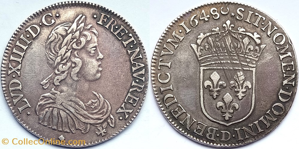 LOUIS XIV Demi écu à la mèche courte 1648 Lyon monnaies europe medievale france royales louis xiv demi ecu a la meche courte 1648 lyon