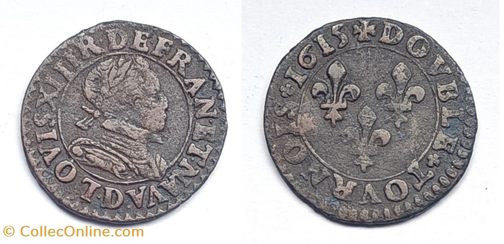 LOUIS XIII Double tournois au col plat 1615 Lyon monnaies europe medievale france royales louis xiii double tournois au col plat 1615 lyon