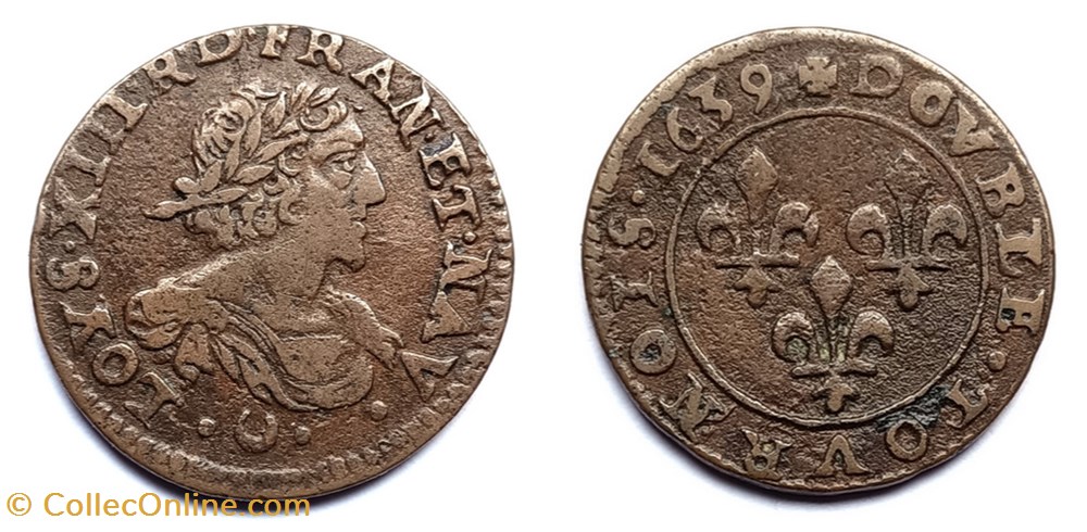 LOUIS XIII Double tournois type méridional 1639 monnaies europe medievale france royales louis xiii double tournois type meridional 1639