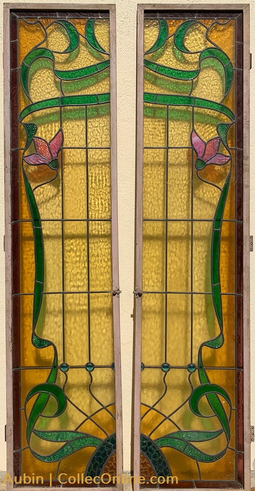 Porte fenêtre motif floral 2 art antiquite verrerie porte fenetre motif floral