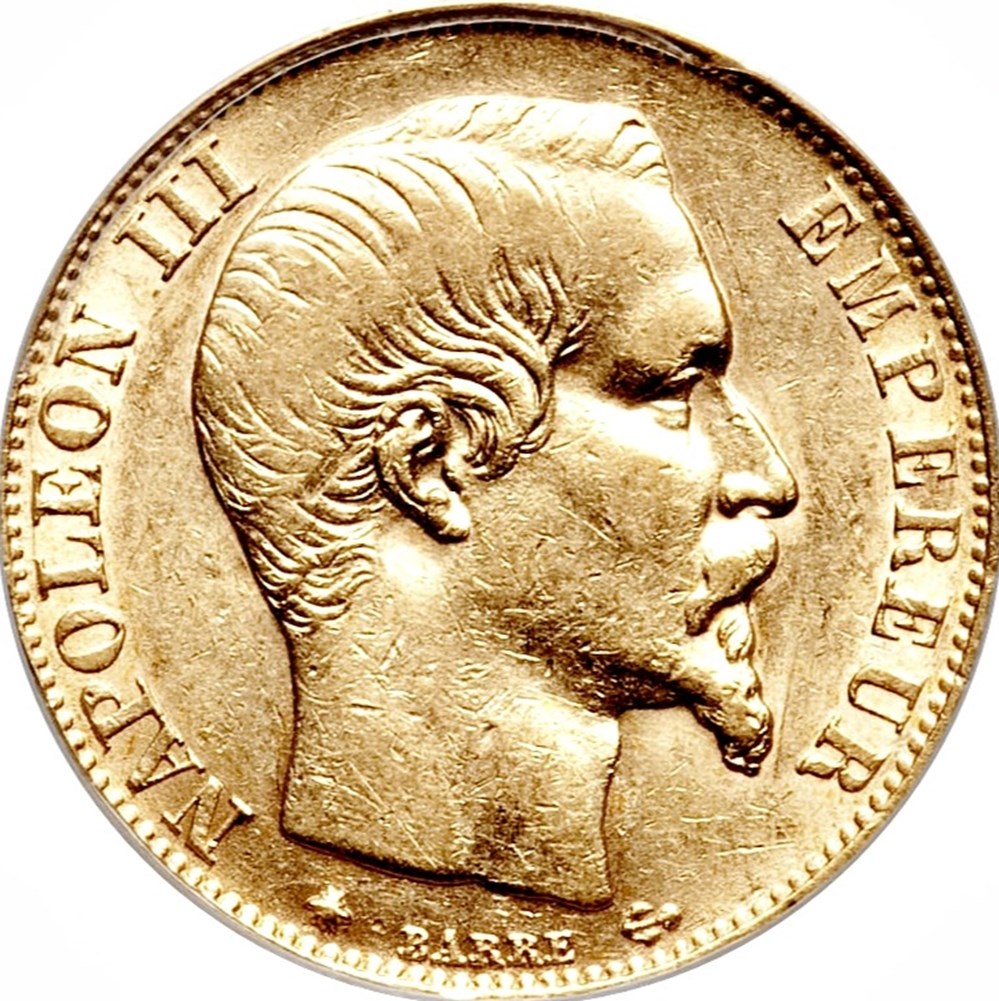 20 Francs Napoléon III, Tête nue 1855 A, Main / Ancre monnaies monde france 20 francs napoleon iii tete nue 1855 a main ancre