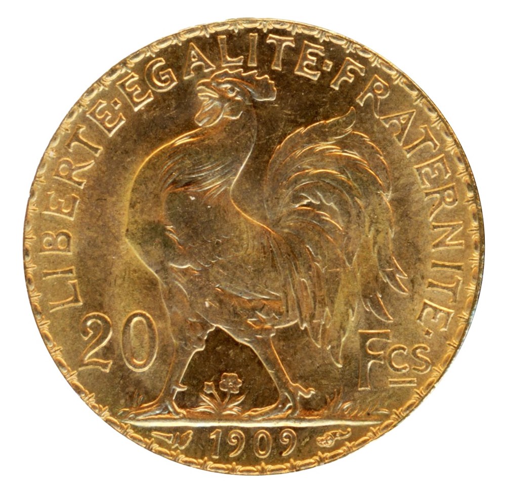 20 Francs Coq, IIIe République, 1909 monnaies monde france 20 francs coq iiie republique 1909