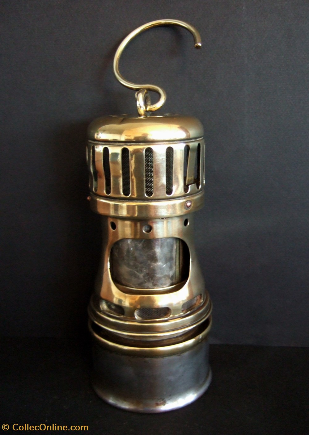 Lampe de mineur à essence, avec vitre en mica art antiquites eclairage ancien lampe de mineur a essence avec vitre en mica