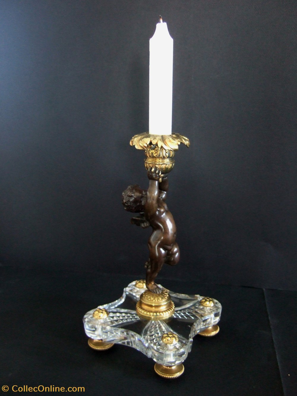 art antiquites eclairage ancien bougeoir en bronze sur socle de cristal