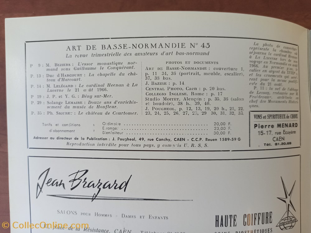 ART de BASSE-NORMANDIE n°43 3e trim. 1967 Le cardinal Heenan à la Lucerne, Bény sur Mer, Courtomer antiquites archeologie art de basse normandie n 43 3e trim 1967 le cardinal heenan a la lucerne beny sur mer courtomer