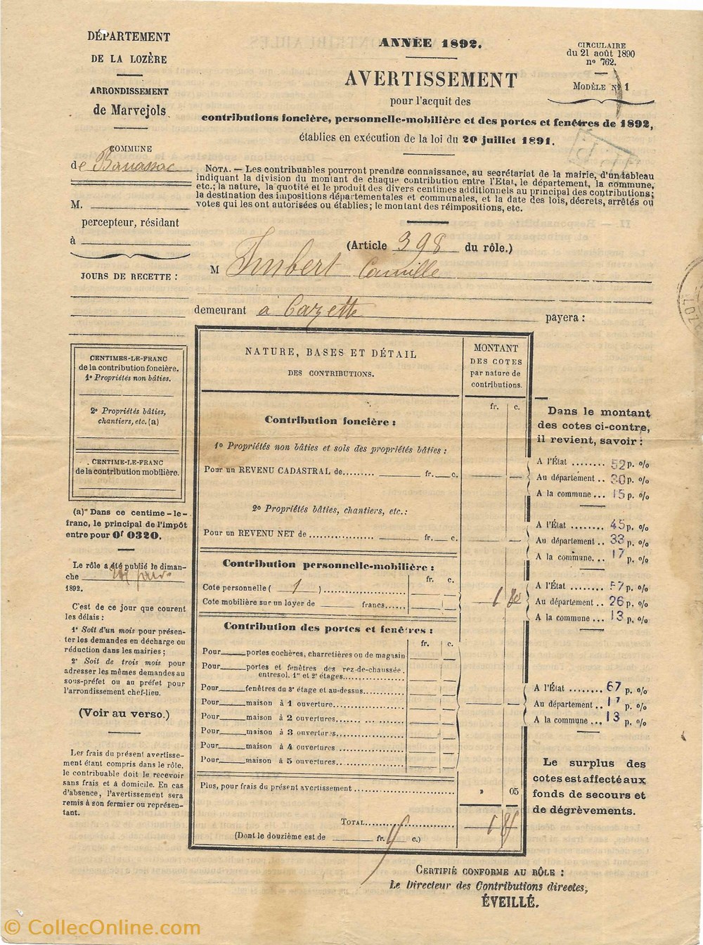 documents anciens autres 1892 avertissement pour acquit de contributions