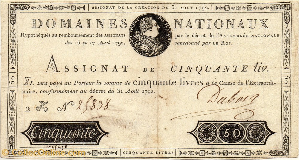 Assignat de 50 livres - 31 aout 1792 billets europe france assignat de 50 livres 31 aout 1792