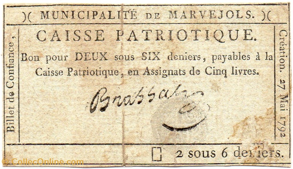 Billet de Confiance - MARVEJOLS (Lozère) - 2 sous 6 deniers billets europe france billet de confiance marvejols lozere 2 sous 6 deniers