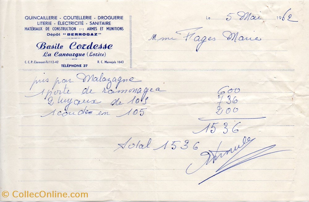 Cordesse Basile (1962) documents anciens factures commerciaux cordesse basile 1962