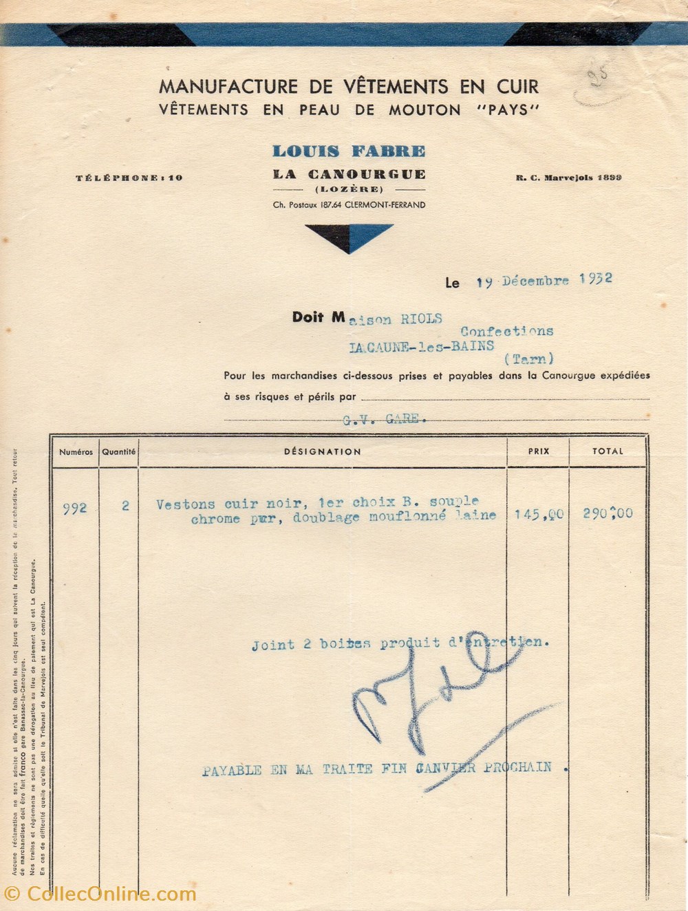 Fabre Louis (1932) documents anciens factures commerciaux fabre louis 1932
