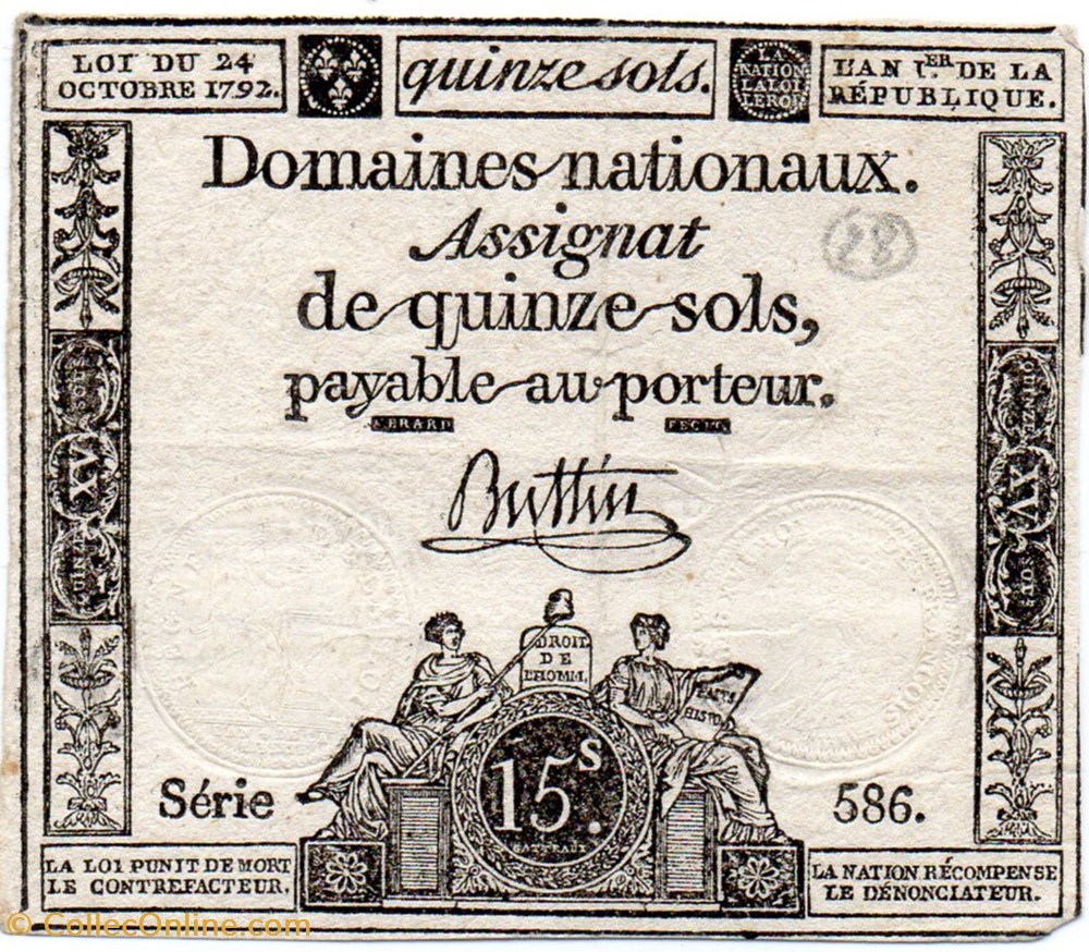 Assignat de 15 sols - 24 octobre 1792 billets europe france assignat de 15 sols 24 octobre 1792