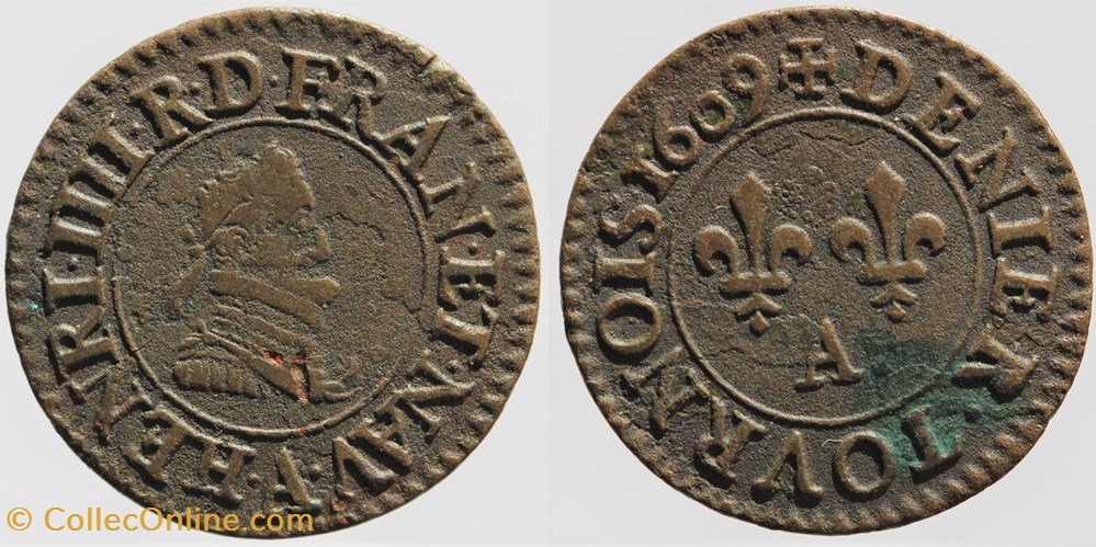 monnaies europe medievale france royales dy 1274 henri iv denier tournois 1609 paris