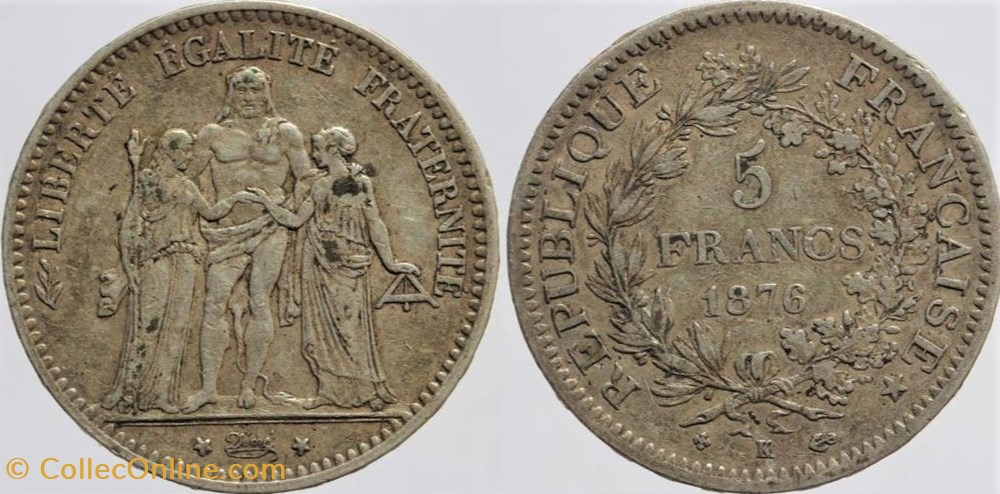 F-334 - Troisième République - Dupré - 5 francs - 1876 K monnaies monde france f 334 troisieme republique dupre 5 francs 1876 k