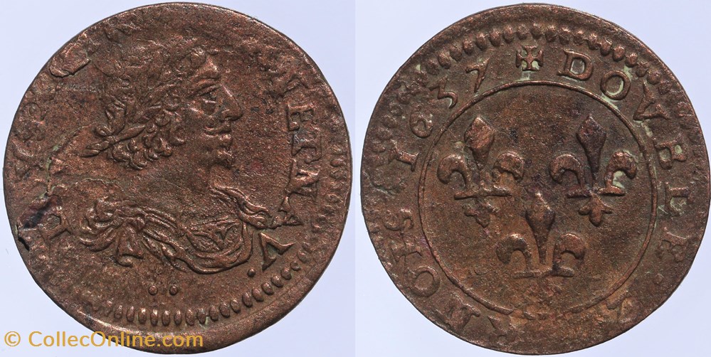 Dy 1372 - Louis XIII - Double tournois - 1637 monnaies europe medievale a france royales dy 1372 louis xiii double tournois 1637