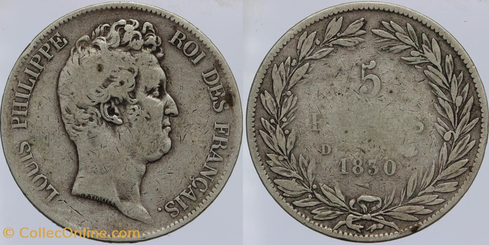 F-313 - Louis Philippe I - 5 francs - 1830 D monnaies monde france f 313 louis philippe i 5 francs 1830 d
