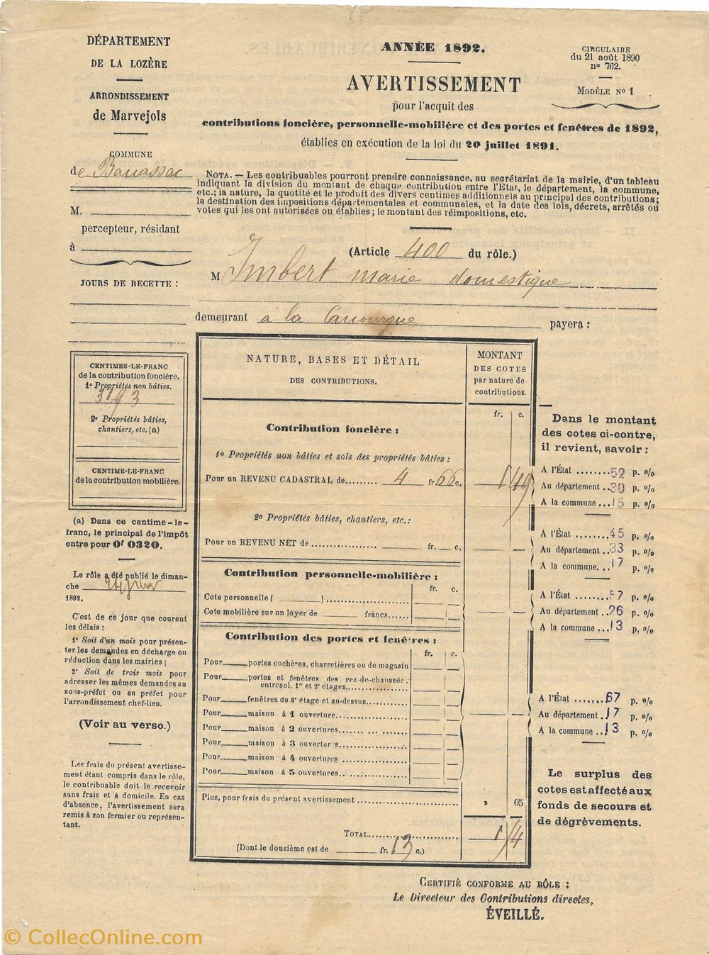 1892 - Avertissement pour acquit de contributions documents anciens autres 1892 avertissement pour acquit de contributions