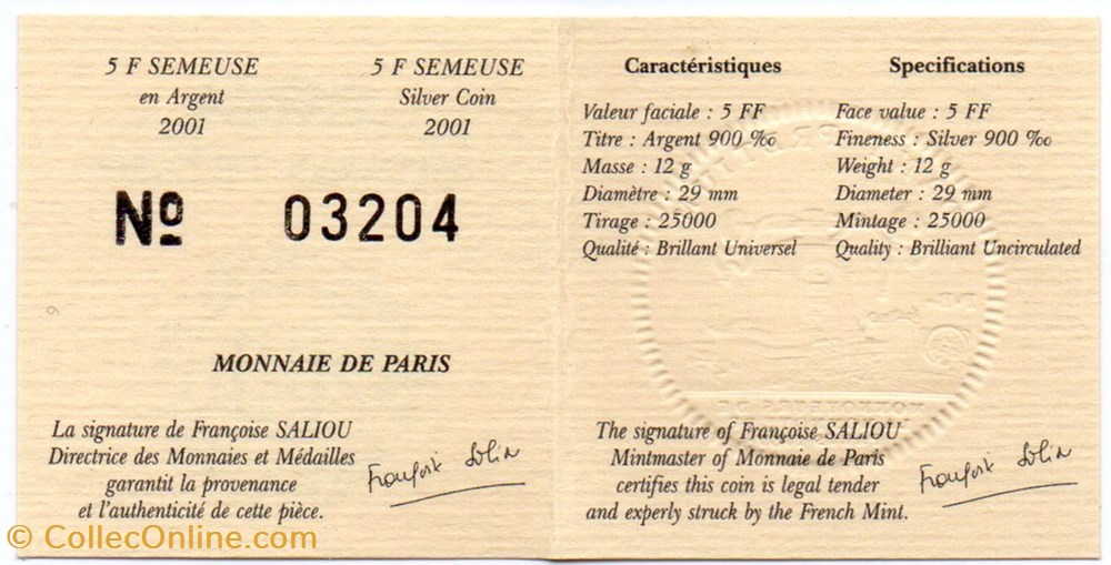 2001 - 5 franc argent B.U. monnaies monde france 2001 5 franc argent b u