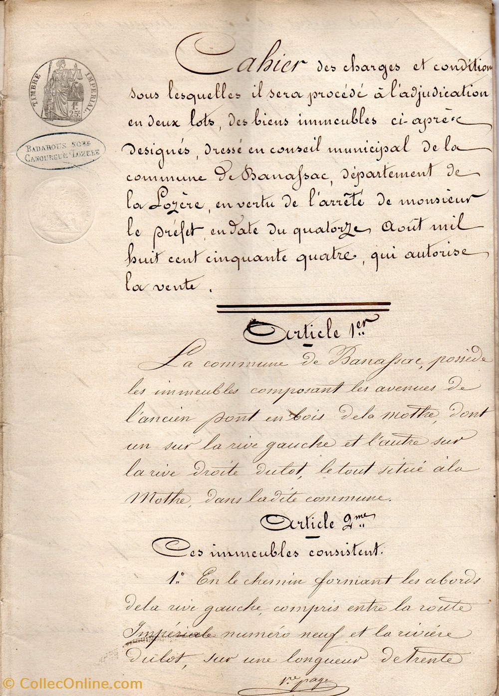 1855 - Cahier de charges et conditions pour ventes. documents anciens autres 1855 cahier de charges et conditions pour ventes