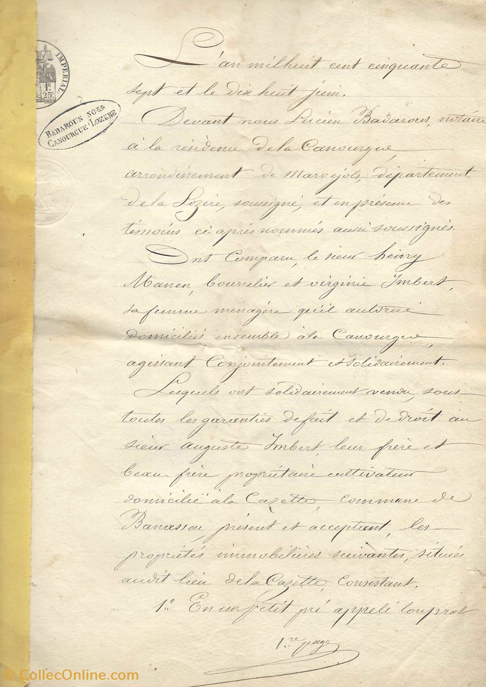 1857 - Vente de champs à la Cazette documents anciens autres 1857 vente de champs a la cazette
