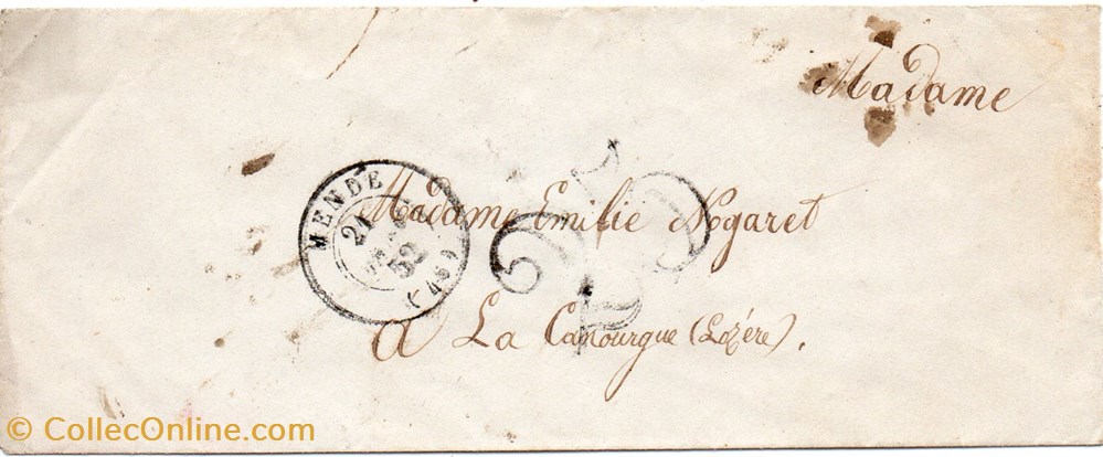 1852 - Cachet type 13, sur arrivée de Mende documents anciens marques postales europe 1852 cachet type 13 sur arrivee de mende