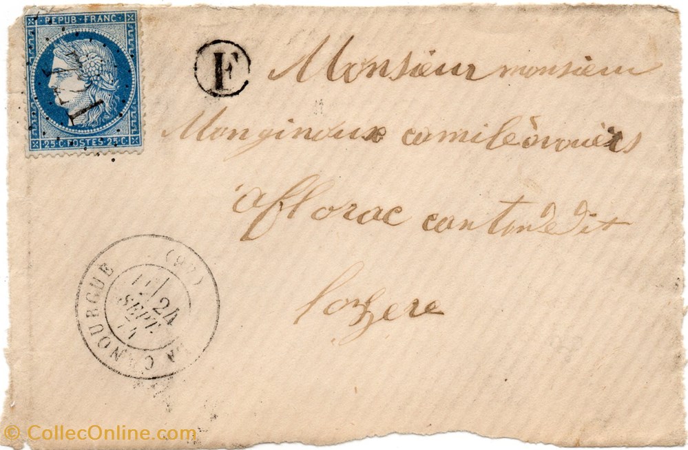 1874 - Cachet type 17 + G.C. 721 + B.R. F documents anciens marques postales europe 1874 cachet type 17 g c 721 b r f