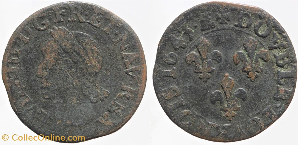 Dy 1377 - Louis XIII - Double tournois - 1643, Tours monnaies europe medievale a france royales dy 1377 louis xiii double tournois 1643 tours