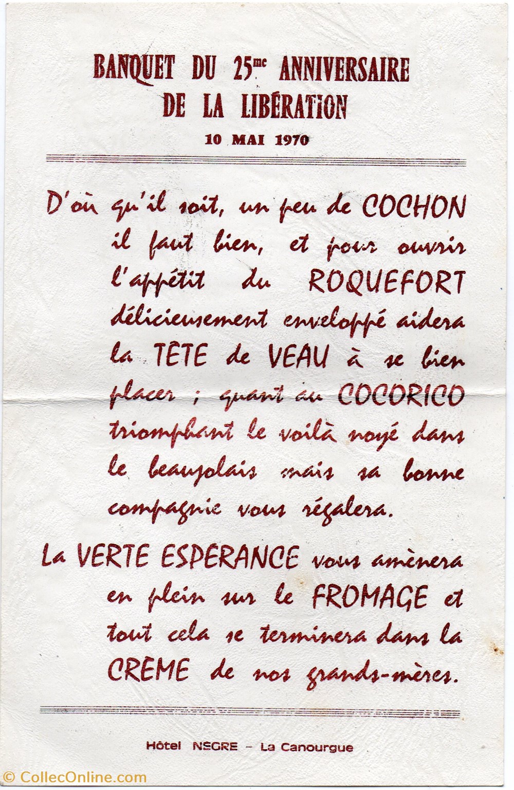 1970 - Menu du 10 mai, Hotel Nègre documents anciens menus 1970 menu du 10 mai hotel negre