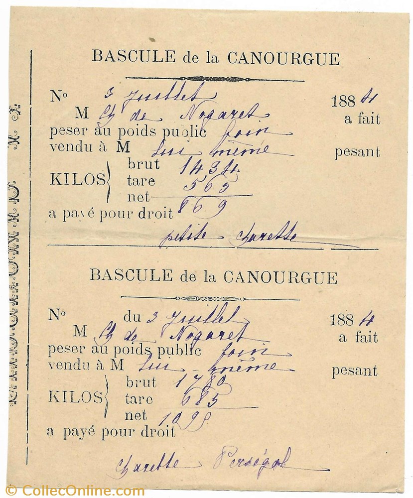 1884 - Ticket de bascule documents anciens autres 1884 ticket de bascule