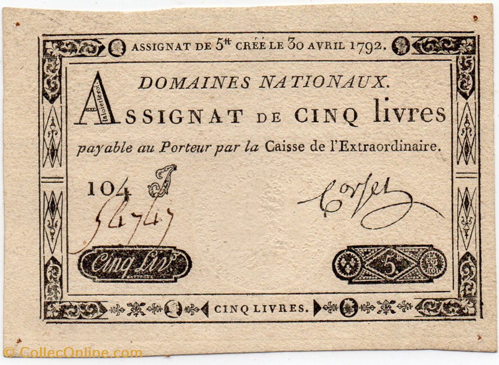 Assignat de 5 livres - 30 avril 1792 billets europe france assignat de 5 livres 30 avril 1792