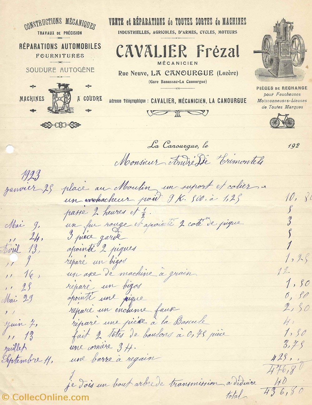 Cavalier Frézal (1923) vieux papiers factures documents commerciaux cavalier frezal 1923