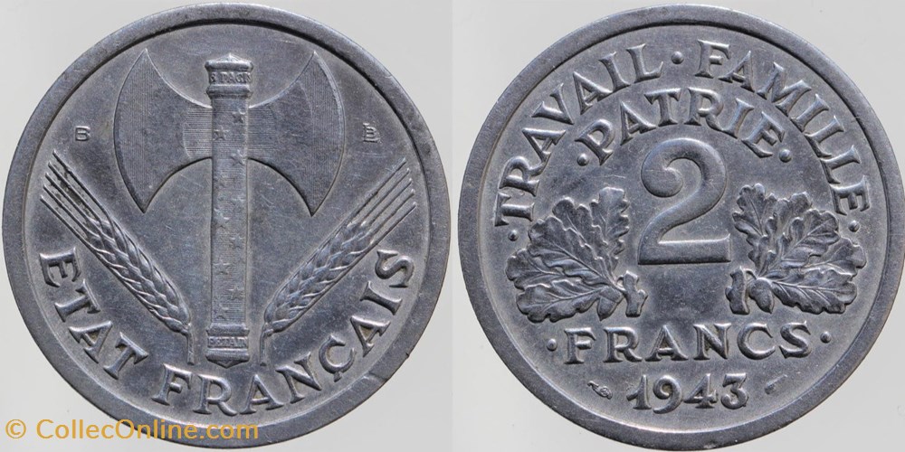 F-270 - Bazor - 2 frs. - 1943 B monnaies monde france f 270 bazor 2 frs 1943 b