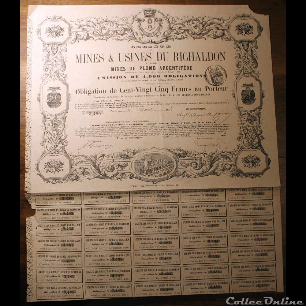 vieux papier action titre montre ancienne 1868 mines et usines du richaldon