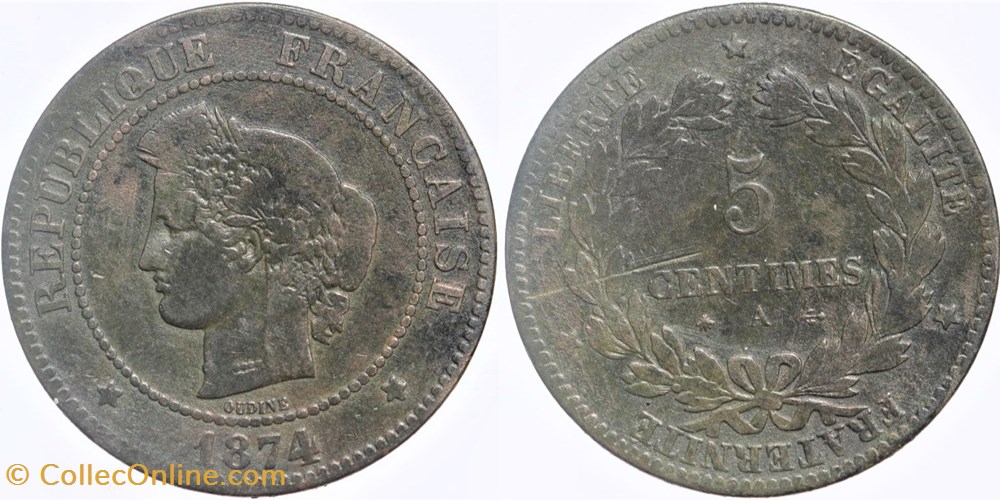 F-118 - Troisième République - Cérès - 5 c. - 1874 A monnaies monde france f 118 troisieme republique ceres 5 c 1874 a