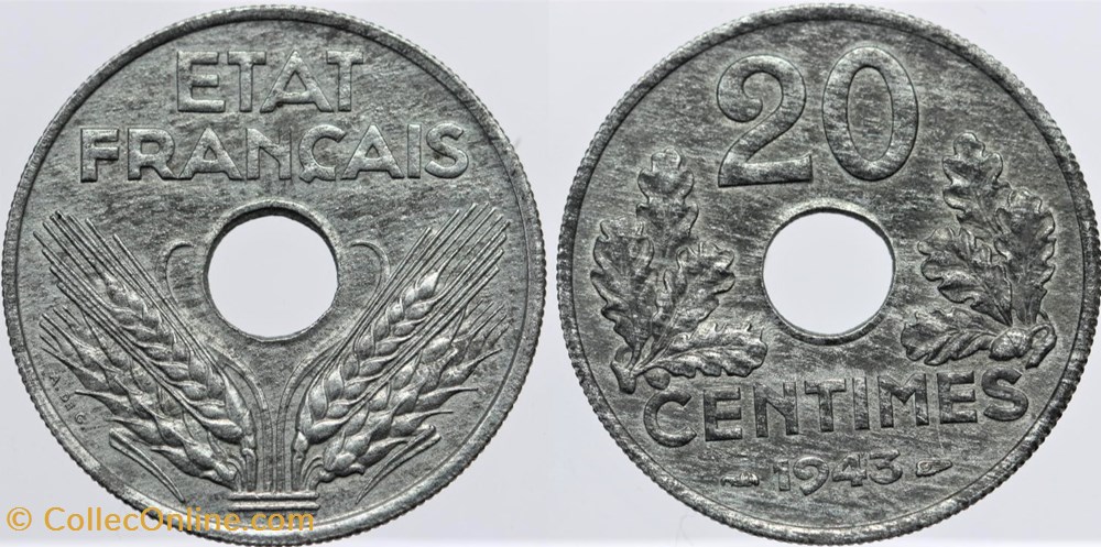 F-153 - Etat Fr. - 20 c. - 1943 monnaies monde france f 153 etat fr 20 c 1943