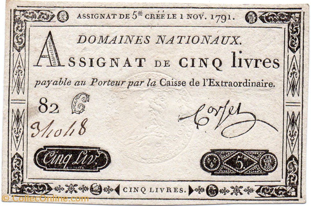 Assignat - 5 livres - 1 novembre 1791 billets europe france assignat 5 livres 1 novembre 1791