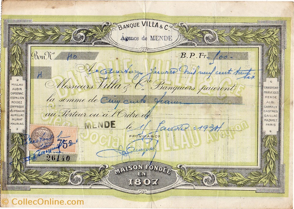 Billet à ordre de la Banque Villa de Mende (Lozère) documents anciens billet a ordre de la banque villa de mende lozere