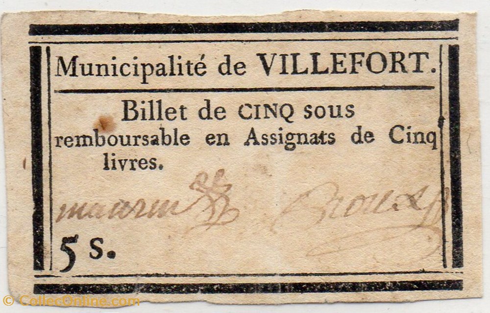 Billet de Confiance - VILLEFORT (Lozère) - 5 sous billets europe france billet de confiance villefort lozere 5 sous