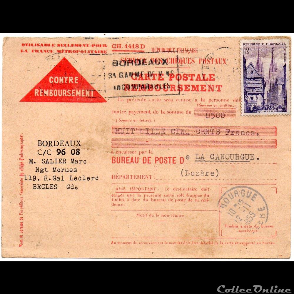marque postale europe france 1955 cachets type a7 sur cp remboursement