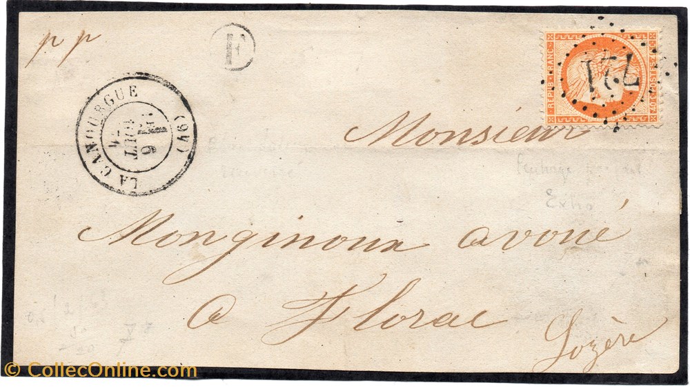 1874 - Cachet type 17 + G.C. 721 + B.R. F documents anciens marques postales europe 1874 cachet type 17 g c 721 b r f