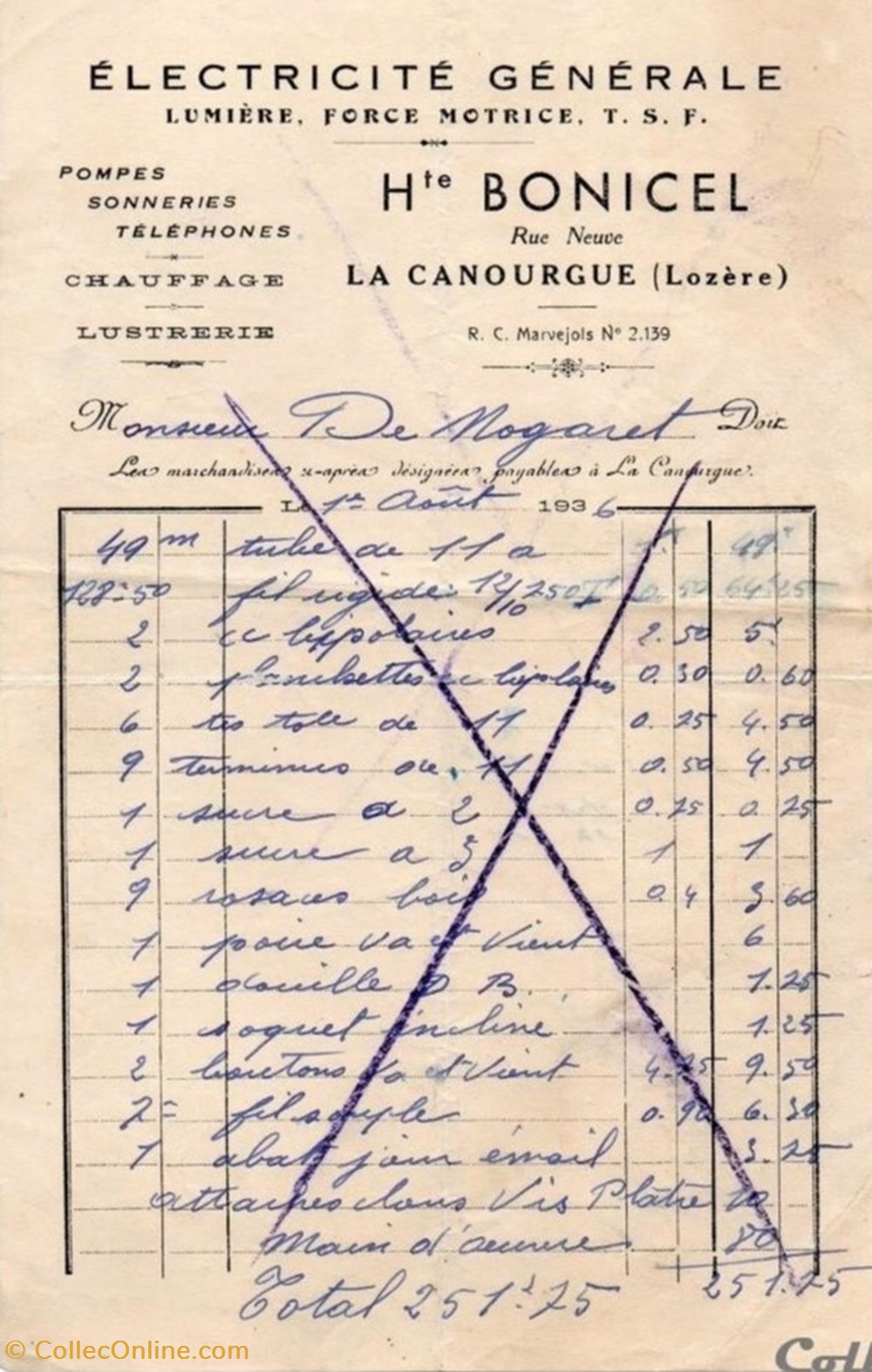 Bonicel H. (1936) documents anciens factures commerciaux bonicel h 1936