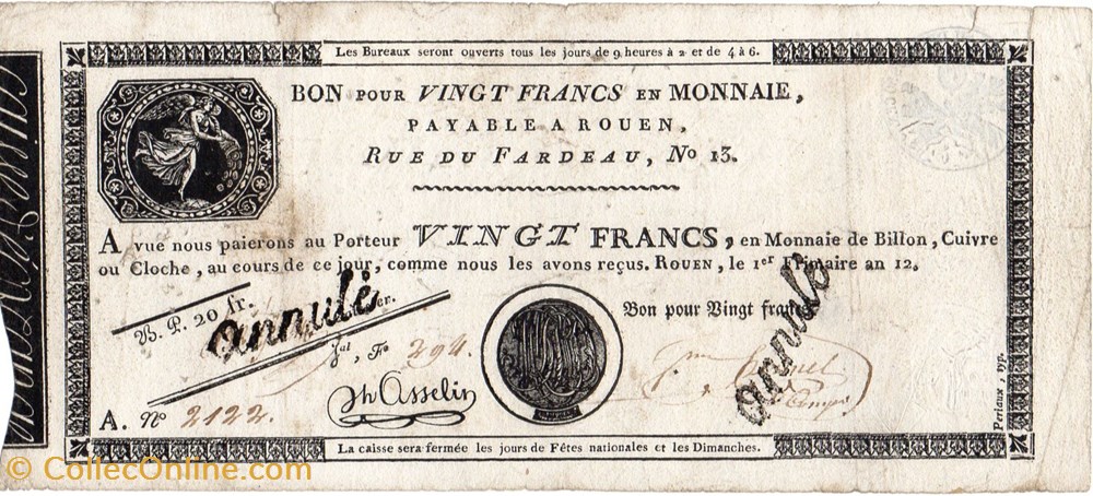 Bon de 20 francs - 1er Frimaire AN 12 billets europe france bon de 20 francs 1er frimaire an 12