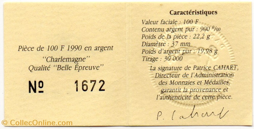 1990 - 15 écus/100 franc argent B.E. monnaies monde france 1990 15 ecus 100 franc argent b e