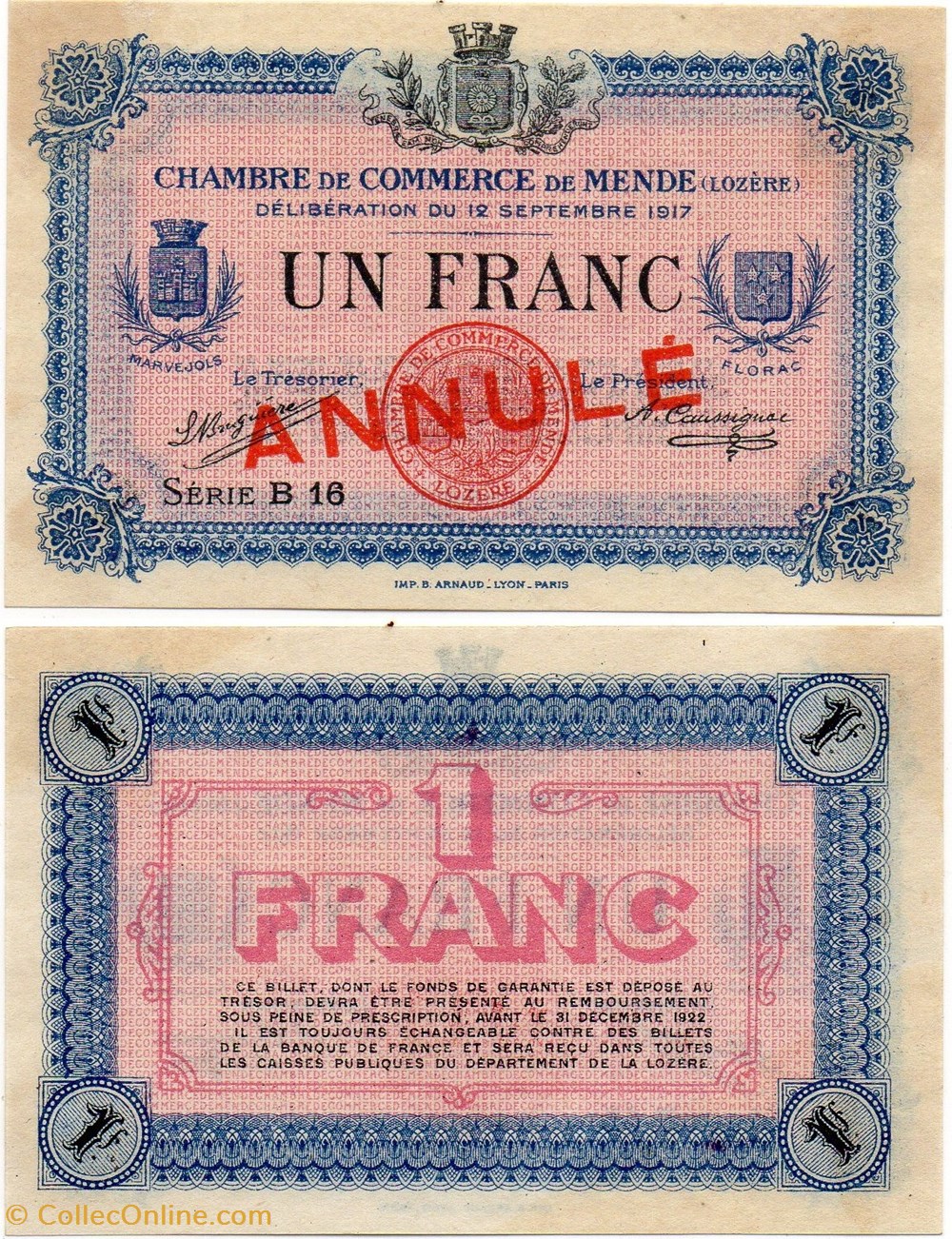 billets europe france 1 franc c c m serie b16 annule