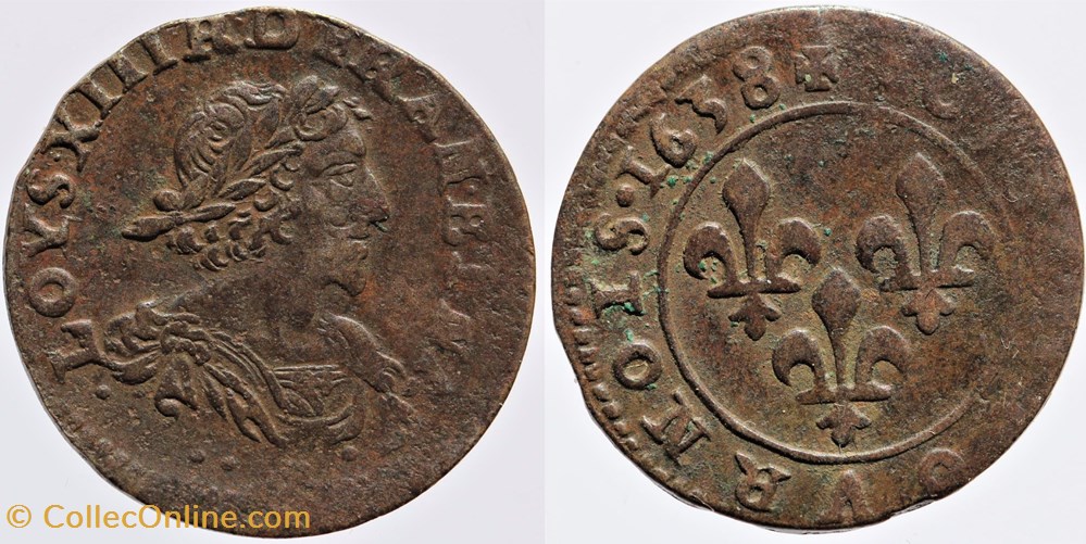 Dy 1372 - Louis XIII - Double tournois - 1638 monnaies europe medievale a france royales dy 1372 louis xiii double tournois 1638