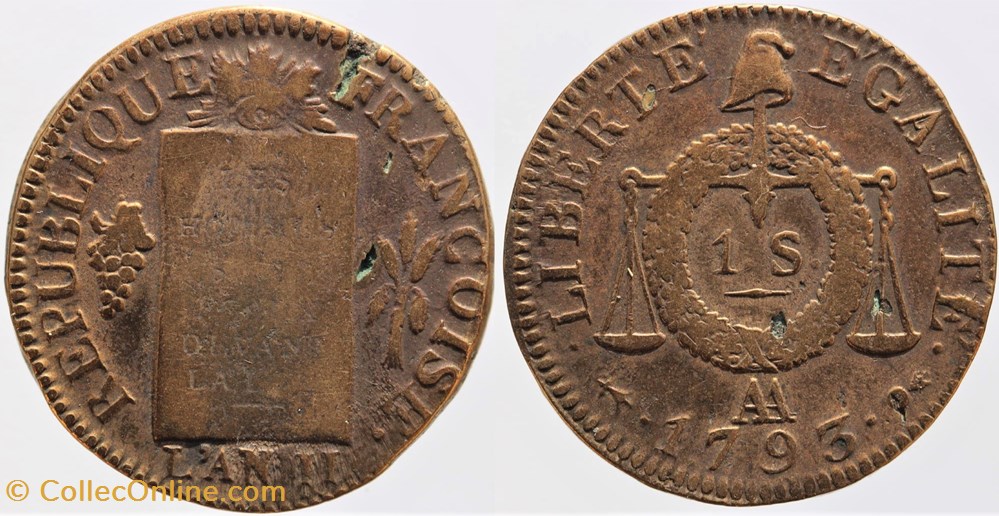 R-71 - Convention - 1 sol - 1793, Metz monnaies monde france r 71 convention 1 sol 1793 metz