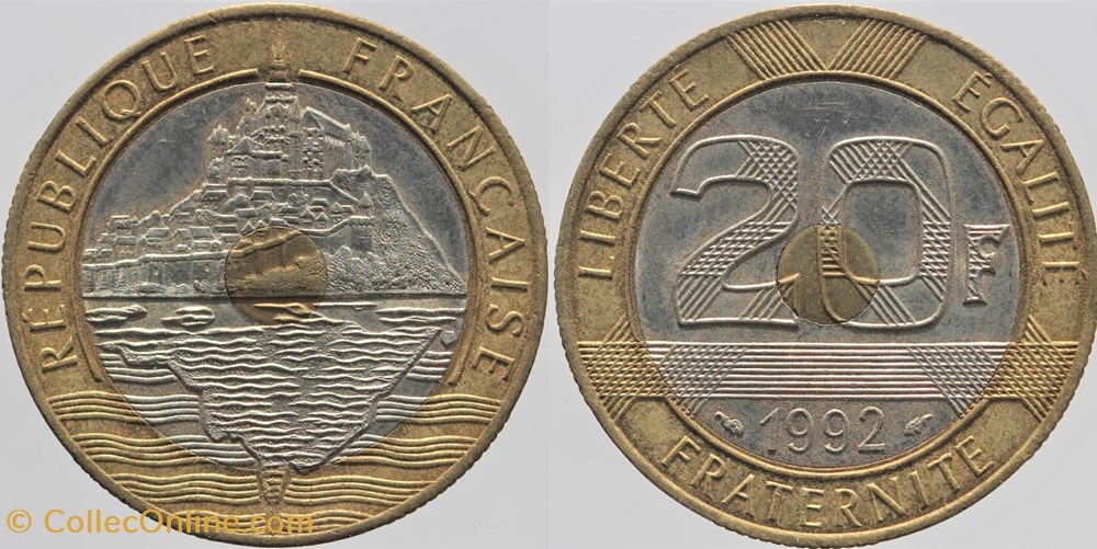 F-403 - Mont St-Michel - 20 fr. - 1992 (5c, V) monnaies monde france f 403 mont st michel 20 fr 1992 5c v