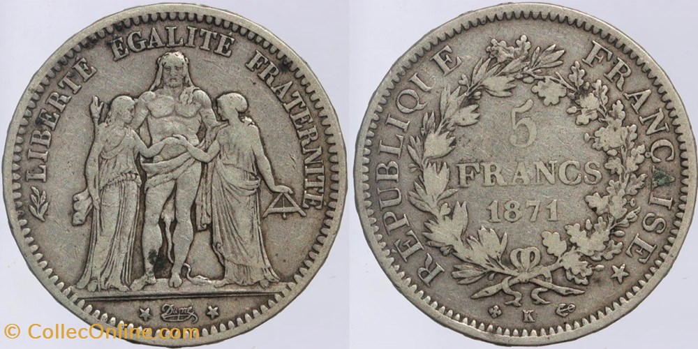 monnaies monde france f 334 troisieme republique dupre 5 francs 1871 k