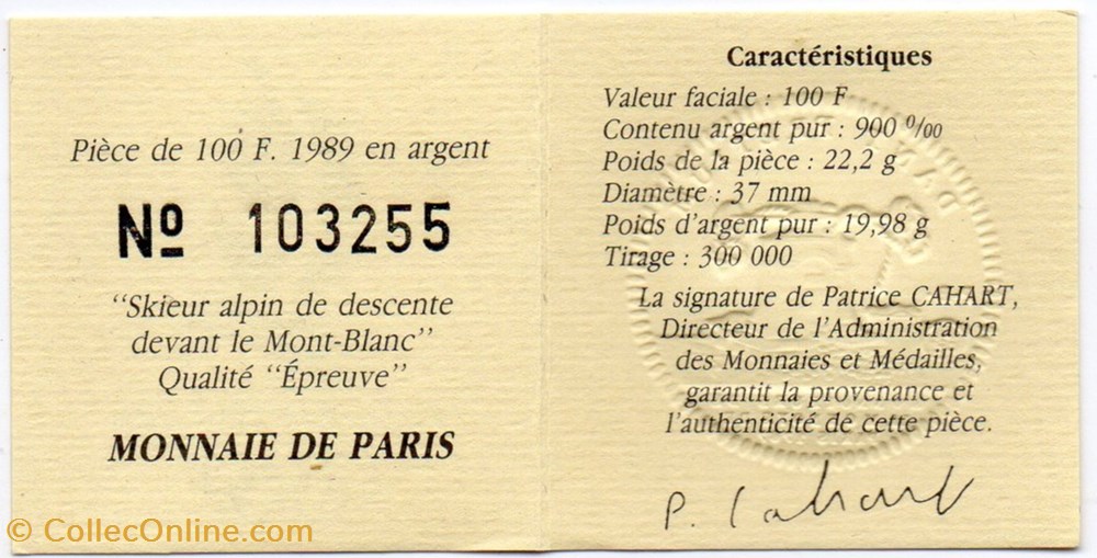 monnaies monde france 1989 100 franc argent b e