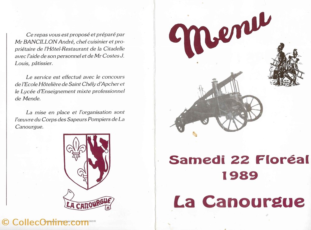 1989 - Menu Congrès des sapeurs pompiers de la Lozère documents anciens autres 1989 menu congres des sapeurs pompiers de la lozere